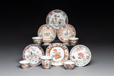 A varied collection of five Chinese famille rose cups and six saucers, Yongzheng/Qianlong