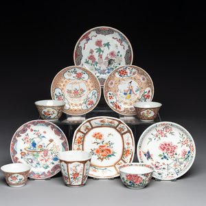 A varied collection of five Chinese famille rose cups and six saucers, Yongzheng/Qianlong — photo 1