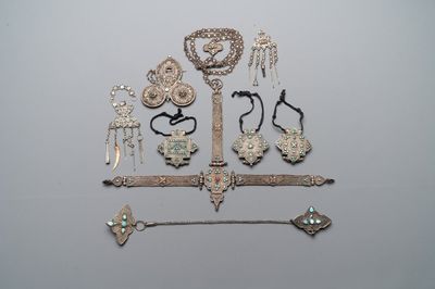 A varied collection of Himalayan accessories with turquoise and coral ornaments, Tibet and Bhutan, 19th C.