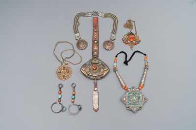 A varied collection of Himalayan accessories with turquoise ornaments, Tibet, 19th C.
