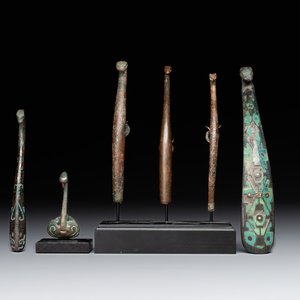 A varied collection of six Chinese bronze belt hooks, Warring States period and Western Han — photo 1