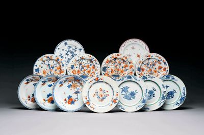 A varied collection of thirteen Chinese blue and white, Imari-style, famille rose and famille verte plates, Kangxi/Qianlong