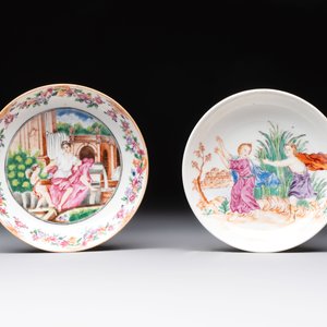 A varied collection of three Chinese famille rose 'mythological subject' cups and two saucers, Qianlong — 照片 2