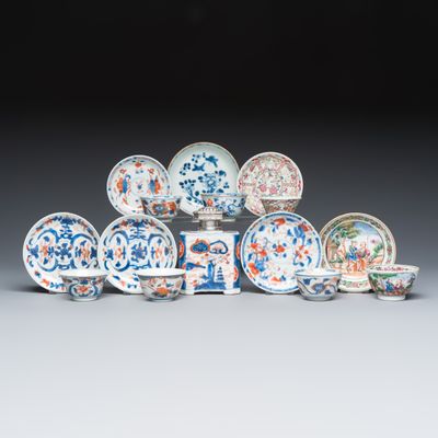 A varied group of seven Chinese blue, white, famille rose and Imari-style tea bowls and saucers, and an Imari-style tea caddy, Kangxi/Qianlong