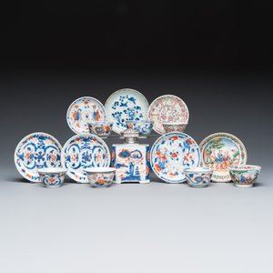 A varied group of seven Chinese blue, white, famille rose and Imari-style tea bowls and saucers, and an Imari-style tea caddy — photo 1