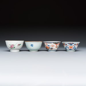 A varied group of seven Chinese blue, white, famille rose and Imari-style tea bowls and saucers, and an Imari-style tea caddy — photo 16