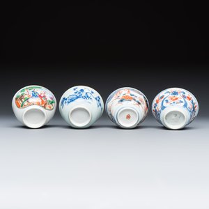A varied group of seven Chinese blue, white, famille rose and Imari-style tea bowls and saucers, and an Imari-style tea caddy — photo 19