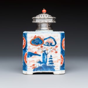 A varied group of seven Chinese blue, white, famille rose and Imari-style tea bowls and saucers, and an Imari-style tea caddy — photo 4