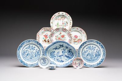 A varied group of ten Chinese blue, white and famille rose wares, Yongzheng/Qianlong