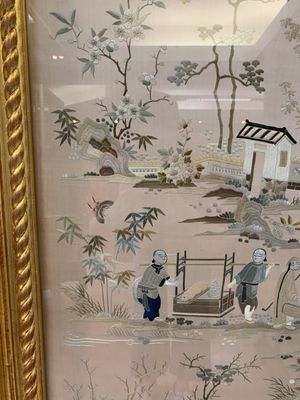 A very large Chinese beige-ground embroidered silk panel depicting scenes of Chinese rural life, 19th C. — photo 13