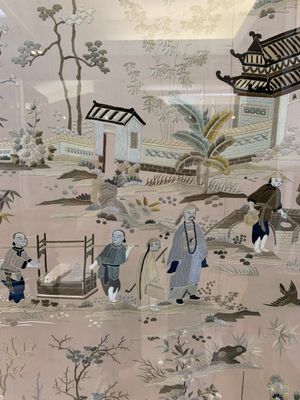 A very large Chinese beige-ground embroidered silk panel depicting scenes of Chinese rural life, 19th C. — photo 14