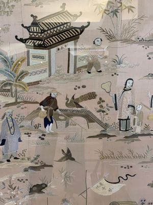 A very large Chinese beige-ground embroidered silk panel depicting scenes of Chinese rural life, 19th C. — photo 15