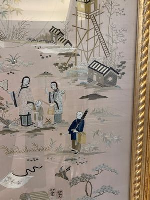 A very large Chinese beige-ground embroidered silk panel depicting scenes of Chinese rural life, 19th C. — photo 16