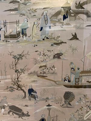 A very large Chinese beige-ground embroidered silk panel depicting scenes of Chinese rural life, 19th C. — photo 19