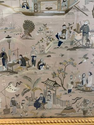 A very large Chinese beige-ground embroidered silk panel depicting scenes of Chinese rural life, 19th C. — photo 23