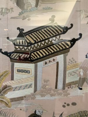 A very large Chinese beige-ground embroidered silk panel depicting scenes of Chinese rural life, 19th C. — photo 24