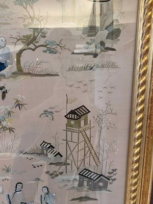 A very large Chinese beige-ground embroidered silk panel depicting scenes of Chinese rural life, 19th C. — photo 9