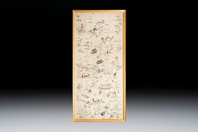A very large Chinese beige-ground embroidered silk panel depicting scenes of Chinese rural life, 19th C.