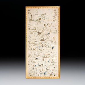 A very large Chinese beige-ground embroidered silk panel depicting scenes of Chinese rural life, 19th C. — photo 1