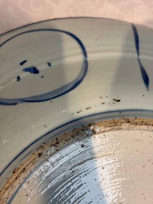 A very large Chinese blue and white 'Kraak' dish with geese by the water, Wanli — foto 9