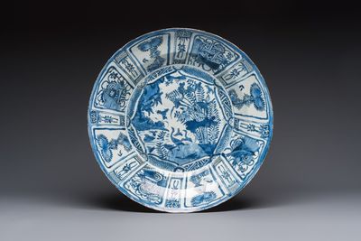 A very large Chinese blue and white 'Kraak' dish with geese by the water, Wanli