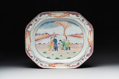 A very large Chinese famille rose octagonal dish with mandarin design, Qianlong