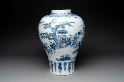 A very large Dutch Delft blue and white chinoiserie baluster vase, last quarter 17th C.