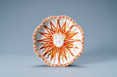 A very rare Dutch Delft petit feu and doré 'Louis XIV' dish, 1st half 18th C.