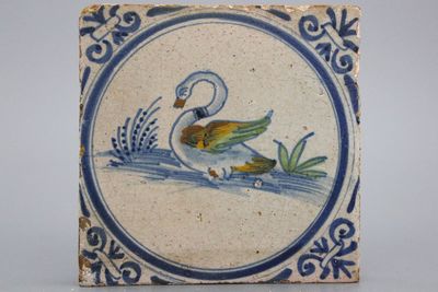 A very rare polychrome Dutch Delft tile with a swan, Haarlem, ca. 1620
