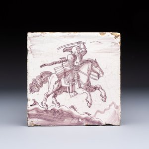 A very unusual manganese Dutch Delft 'Knight on Horseback in Open Air' tile, late 17th C. — 照片 1
