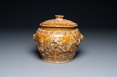 A Vietnamese brown-glazed 'dragon and deer' bowl and cover, 15/16th C.