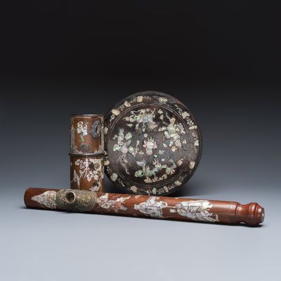 A Vietnamese mother-of-pearl-inlaid opium pipe, water pipe and covered box, 19/20th C.