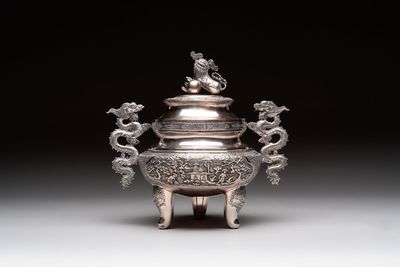 A Vietnamese or Chinese silver tripod censer and cover, 19/20th C.