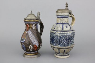 A Westerwald pewter mounted "Peasants' Dance" jug and an Anneberg pewter mounted jug, probably 19th C.