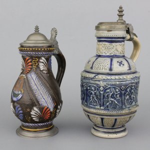 A Westerwald pewter mounted "Peasants' Dance" jug and an Anneberg pewter mounted jug, probably 19th C. — 照片 1