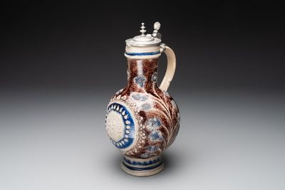 A Westerwald pewter-mounted stoneware jug, Germany, dated 1685