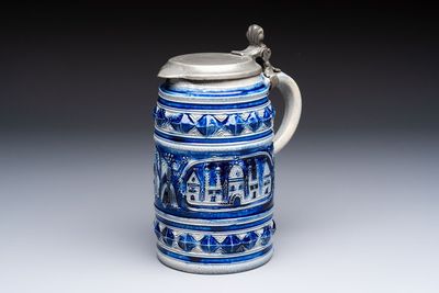 A Westerwald stoneware tankard with a mounted pewter lid, Germany, 18th C.