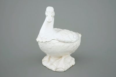 A white Delftware duck-shaped tureen and cover, Brussels or France, 18th C.