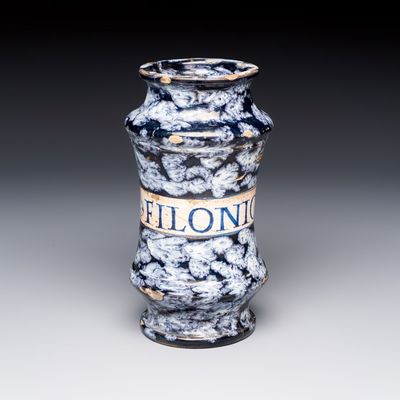 A white-splashed blue-ground Italian maiolica albarello, 2nd half 16th C.