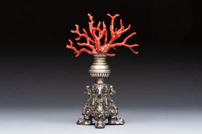 A ‘Wunderkammer’ composition with red coral mounted on a silver-plated stand, Italy, 19th C.