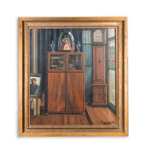 Achille Van Sassenbrouck (1886-1979): 'Ons kasje', zicht op het interieur van de kunstenaar, olie op doek — foto 3