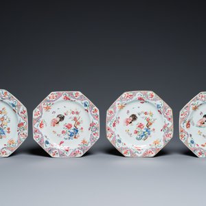 Acht Chinese octagonale famille rose borden met hanen, Qianlong — foto 4