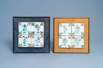 Acht polychrome Delftse tegels met bloemen en een vlinder, 1e helft 17e eeuw