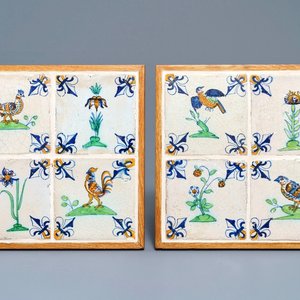 Acht polychrome Delftse tegels met vogels en bloemen, Gouda, 17e eeuw — foto 1