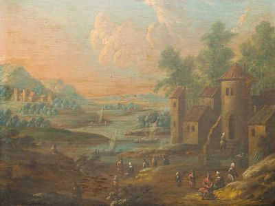 Adriaen Frans Boudewyns I (c.1644-1711): 'Paysage à l'italienne', huile sur panneau