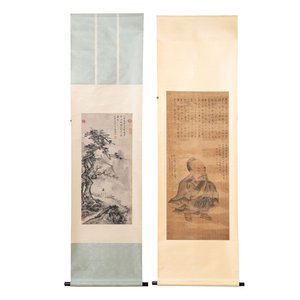 After Ma Yuan 馬遠: 'Sage in the mountain', ink and colour on paper, and after Wan Shouqi 萬壽祺: 'Strange Man', ink and colour on silk, 20th C. — 照片 1