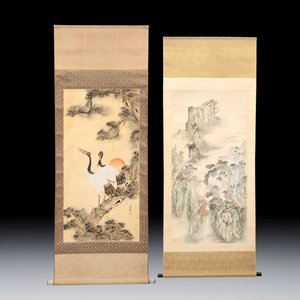 After Shen Quan 瀋銓(1682-1760): 'Cranes', ink and colour on silk, 20th C., and Chinese school: 'Mountainous Landscape' ink and colour on silk, 20th C. — photo 1