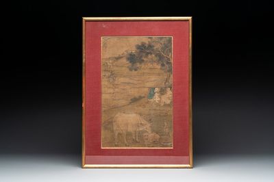 After Tang Yin 唐寅 (1470—1523): 'Buffalo and sage', ink and colour on silk, signed Liuru Jushi 六如居士, 18/19th C.
