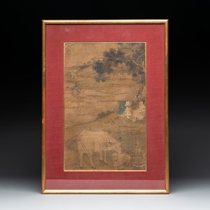 After Tang Yin 唐寅 (1470—1523): 'Buffalo and sage', ink and colour on silk, signed Liuru Jushi 六如居士, 18/19th C. — photo 1