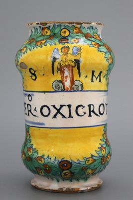 Albarello italien en majolique de Deruta, polychrome, 'Cer.Oxicroti', env. 1530